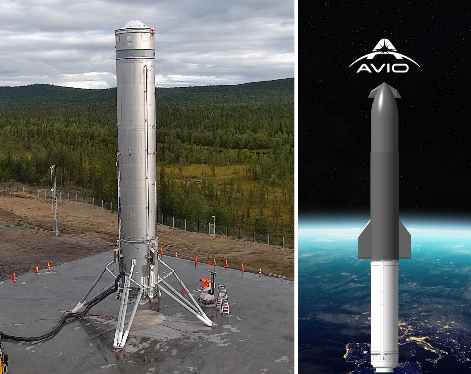 Themis stood on its launch pad (left) and Avio's concept of its reusable upper-stage demonstration mission (right). ©ArianeGroup/Swedish Space Corporation/Avio