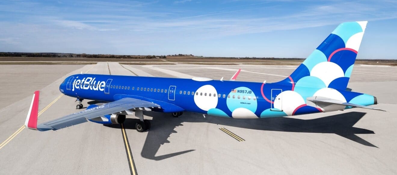 One of JetBlue's airliners with a satellite connectivity terminal ontop. ยฉAmazon