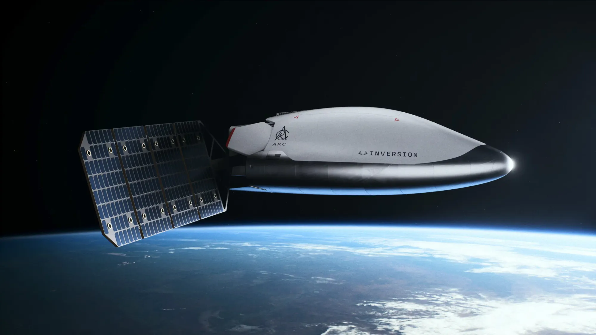 “Inversion’s Arc spacecraft orbiting above Earth, showing its sleek lifting-body design with a pointed black nose, smooth white fuselage, and a large solar array extending from the aft section against the backdrop of space and the planet below.