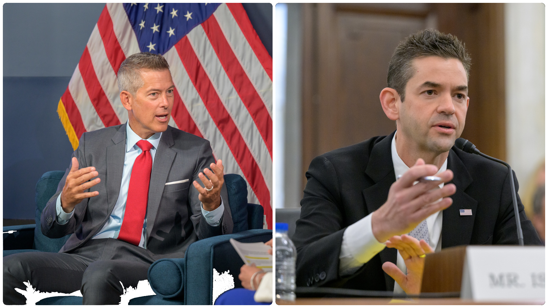 Sean Duffy (left) speaking at a NASA event in July 2025 and Jared Isaacman (right) during his Senate hearing in April 2025. ©Bill Ingalls/NASA