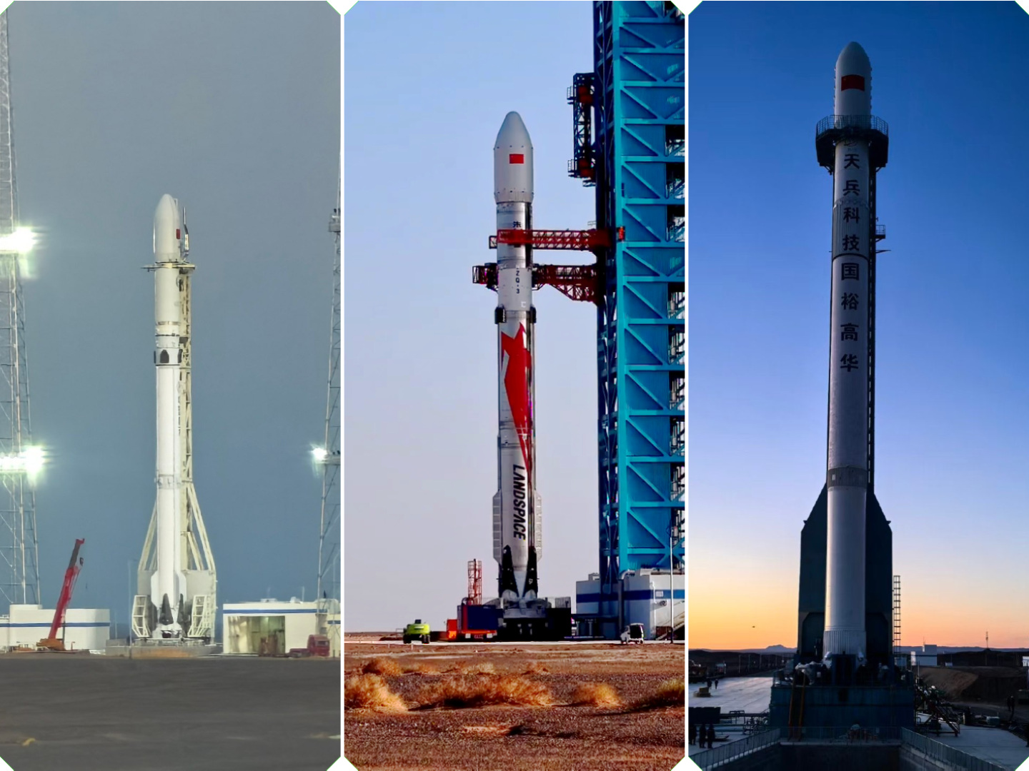 The Shanghai Academy of Spaceflight Technology’s Long March 12A (left), LandSpace's Zhuque-3 (center), and Space Pioneer's Tianlong-3 (right) on their launch pads at the Jiuquan Satellite Launch Center.