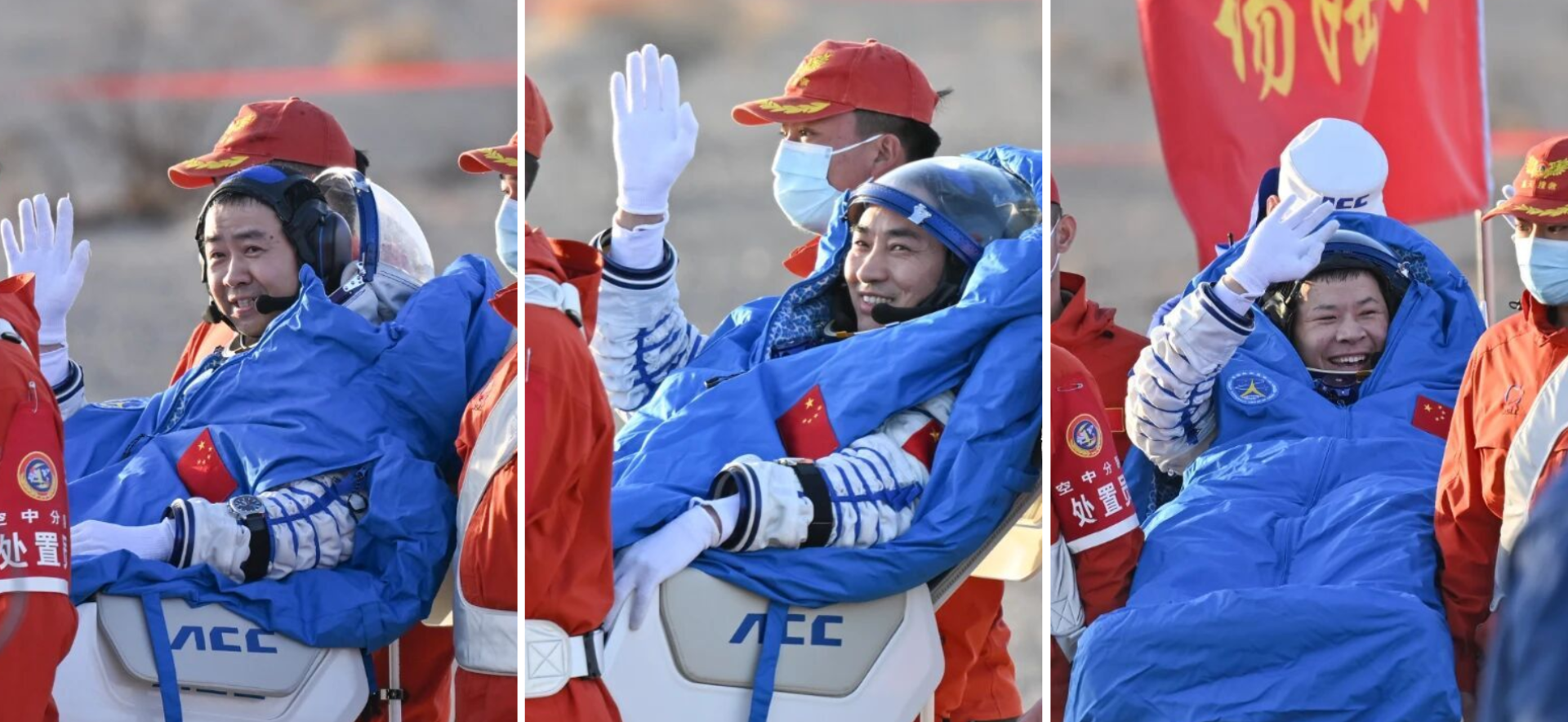 Chen Dong (left), Chen Zhongrui (center), and Wang Jie (right) being carried to post-flight medical checks after exiting the Shenzhou-21 spacecraft.
