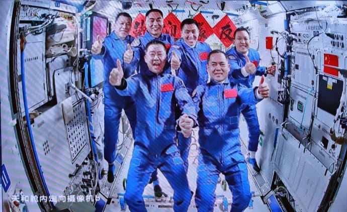 The Shenzhou-20 and Shenzhou-21 crews inside of the Tiangong Space Station's Tianhe module on November 1st. ยฉChina Manned Space Agency