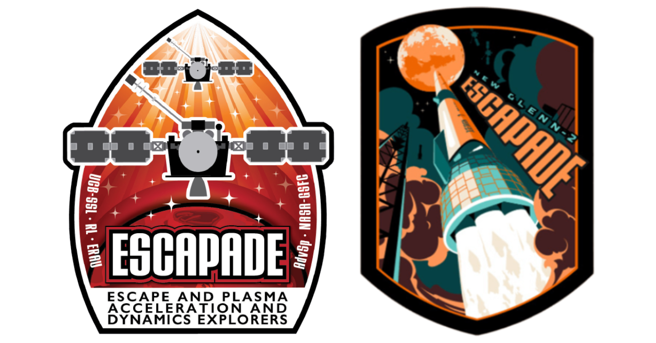 Mission patches from NASA (left) and Blue Origin (right) for the Escapade mission. ©Kristen Perrin/NASA/Blue Origin