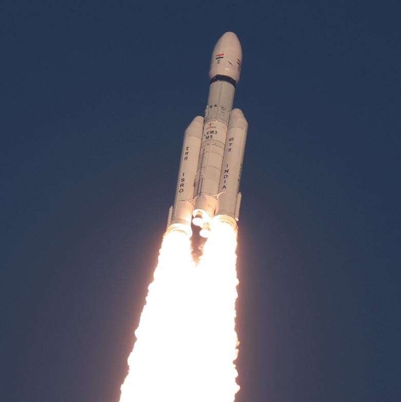 LVM-3 during first-stage flight while carrying GSAT-7R. ยฉIndian Space Research Organisation