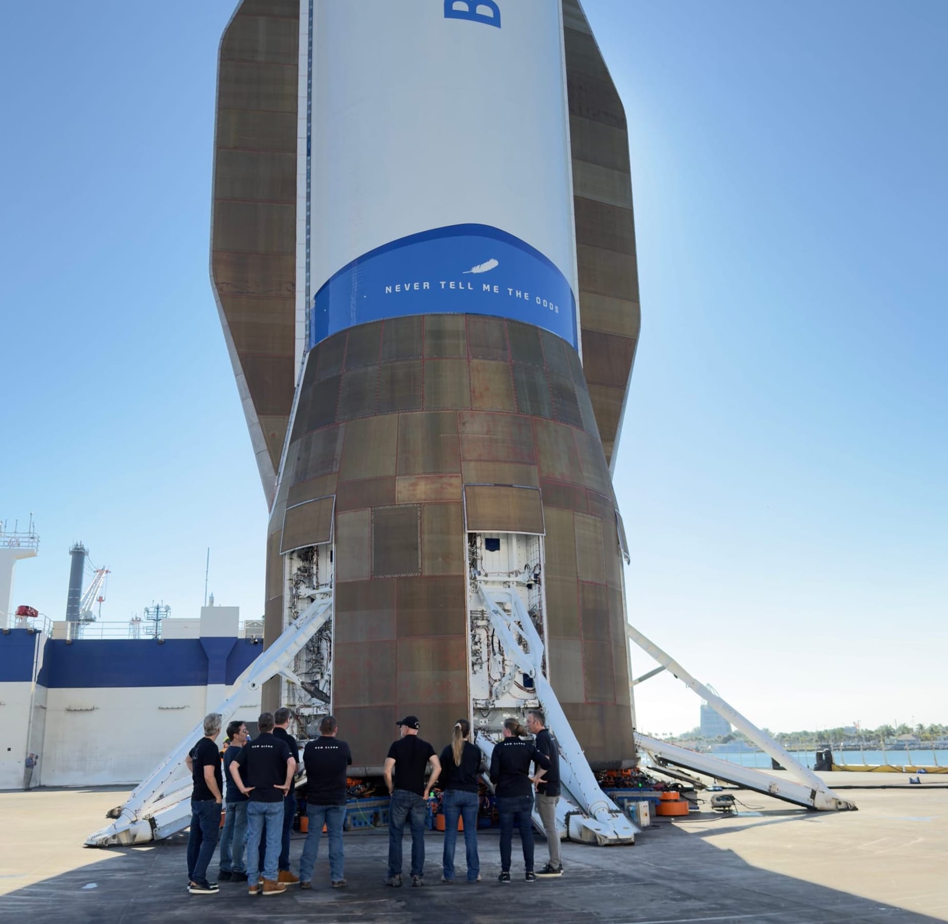 New Glenn first-stage booster 'Never Tell Me The Odds' onboard 'Jacklyn' at Port Canaveral. ยฉBlue Origin