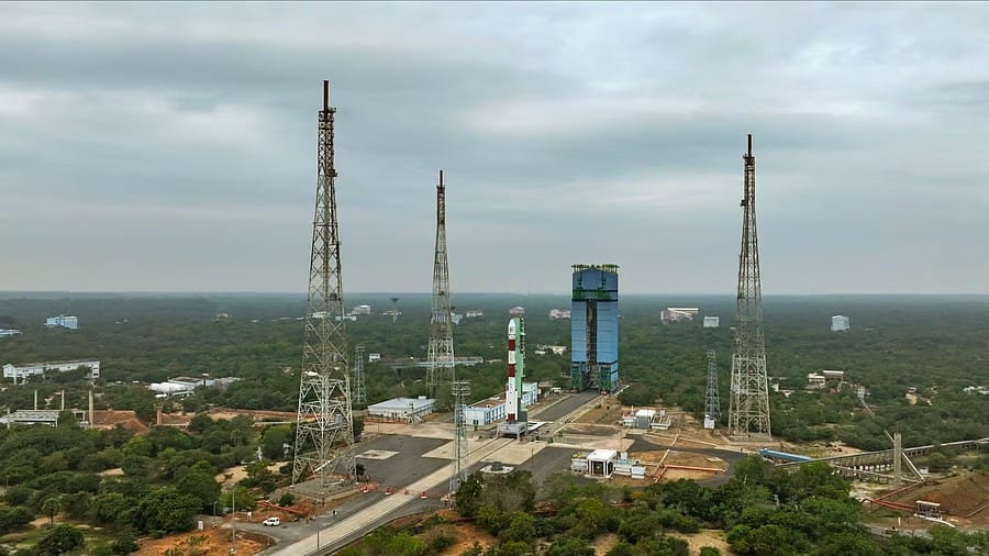 The Indian Space Research Organizations (ISRO) Polar Satellite Launch Vehicle sits on the pad awaiting liftoff