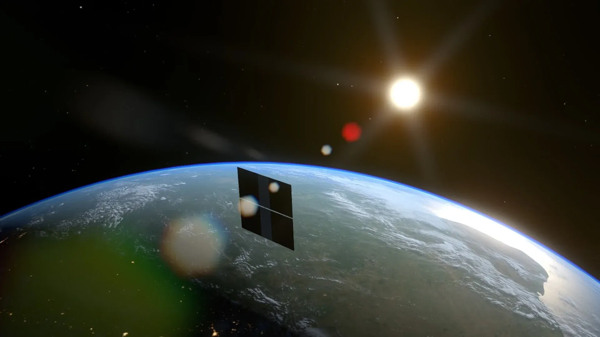 Render of a Starcloud data center in space with the Sun illuminating Earth