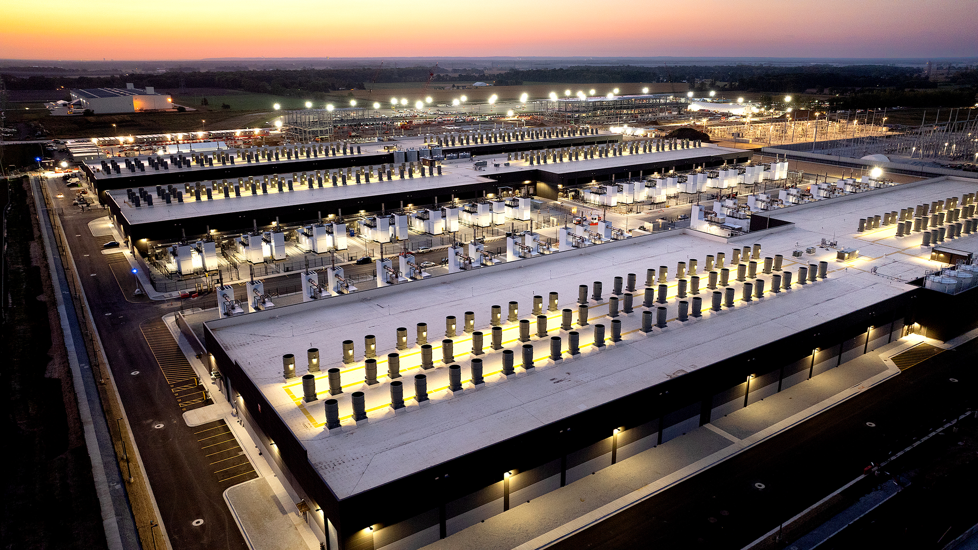 Exterior ariel shot of Amazon's Project Rainer in Indiana, one of the largest data centers on Earth 