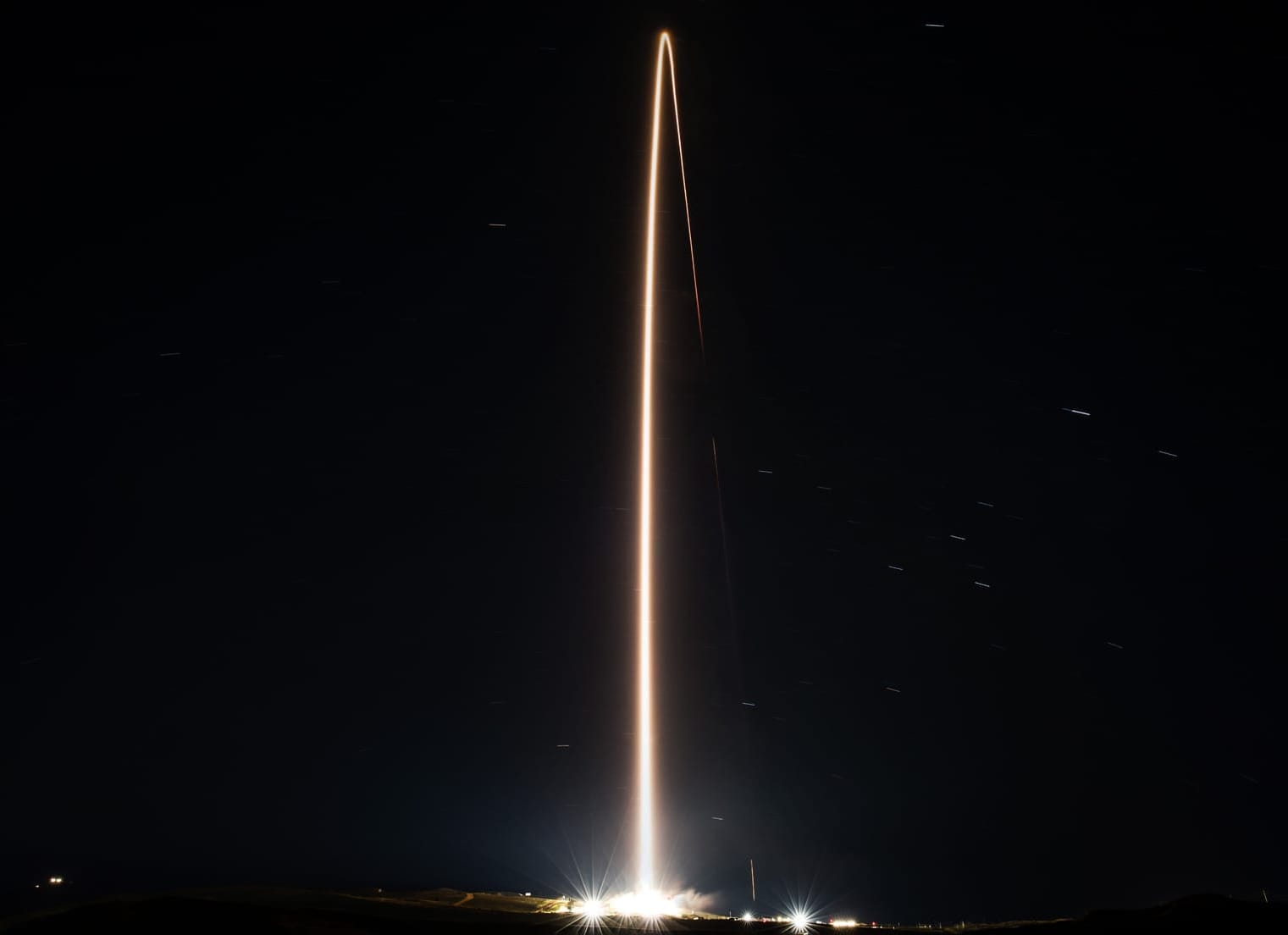 A long exposure photo of Falcon 9 flying from Space Launch Complex 4E for the Starlink Group 17-24 mission on March 17th 2026. ©SpaceX