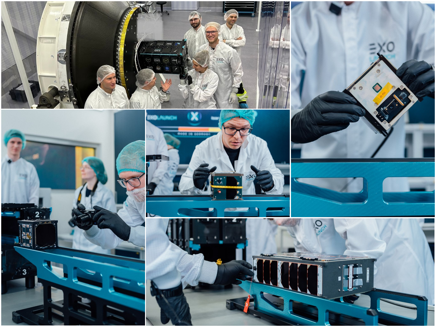 Exolaunch's CubeSat deployment mechanism attached to Spectrum's payload adapter (top left); FramSat-1 being handled during deployment integration (top right); CyBEESat being moved into the deployment mechanism (bottom left); SpaceTeamSat-1 being prepared for integration (center); Platform-6 being moved into the deployment mechanism (bottom right). ©Exolaunch/Isar Aerospace