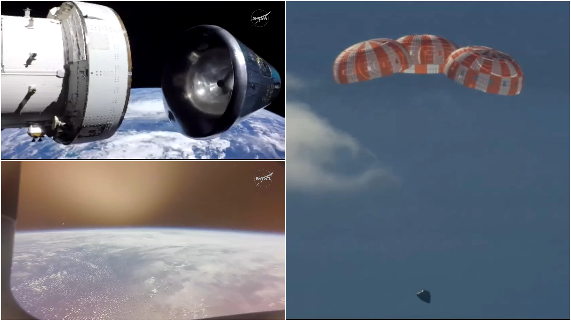 Separation of the Orion capsule from the European Service Module (top left), the start of reentry as seen from inside Orion (bottom left), and the Orion capsule descending under its three main parachutes (right). ©NASA