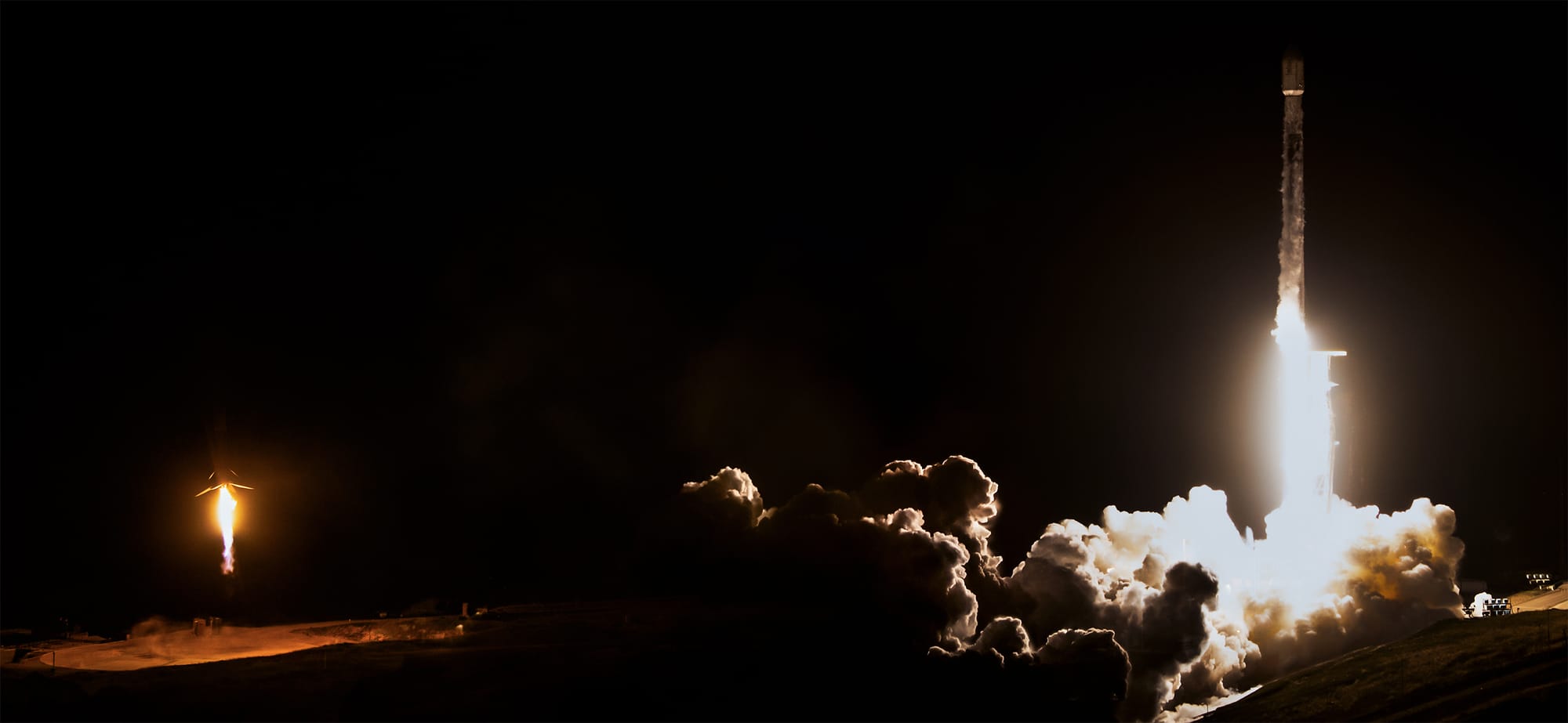 A composite photo showing Falcon 9 lifting off from Space Launch Complex 4E (right) and touching down at Landing Zone 4 (left) on May 3rd 2026. ©SpaceX