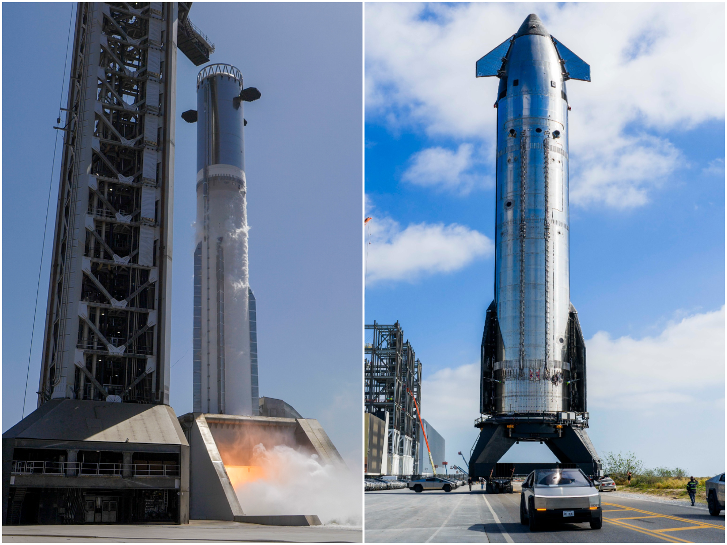 Super Heavy Booster 19 performing a static fire on the second launch pad (left) and Ship 39 being transported from Starbase's production site (right). ©SpaceX
