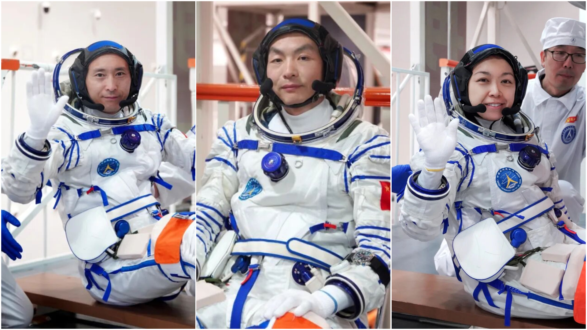 Zhu Yangzhu (left), Zhang Zhiyuan (center), and Li Jiaying (right) during training on how to board the Shenzhou spacecraft. ©China Manned Space Agency