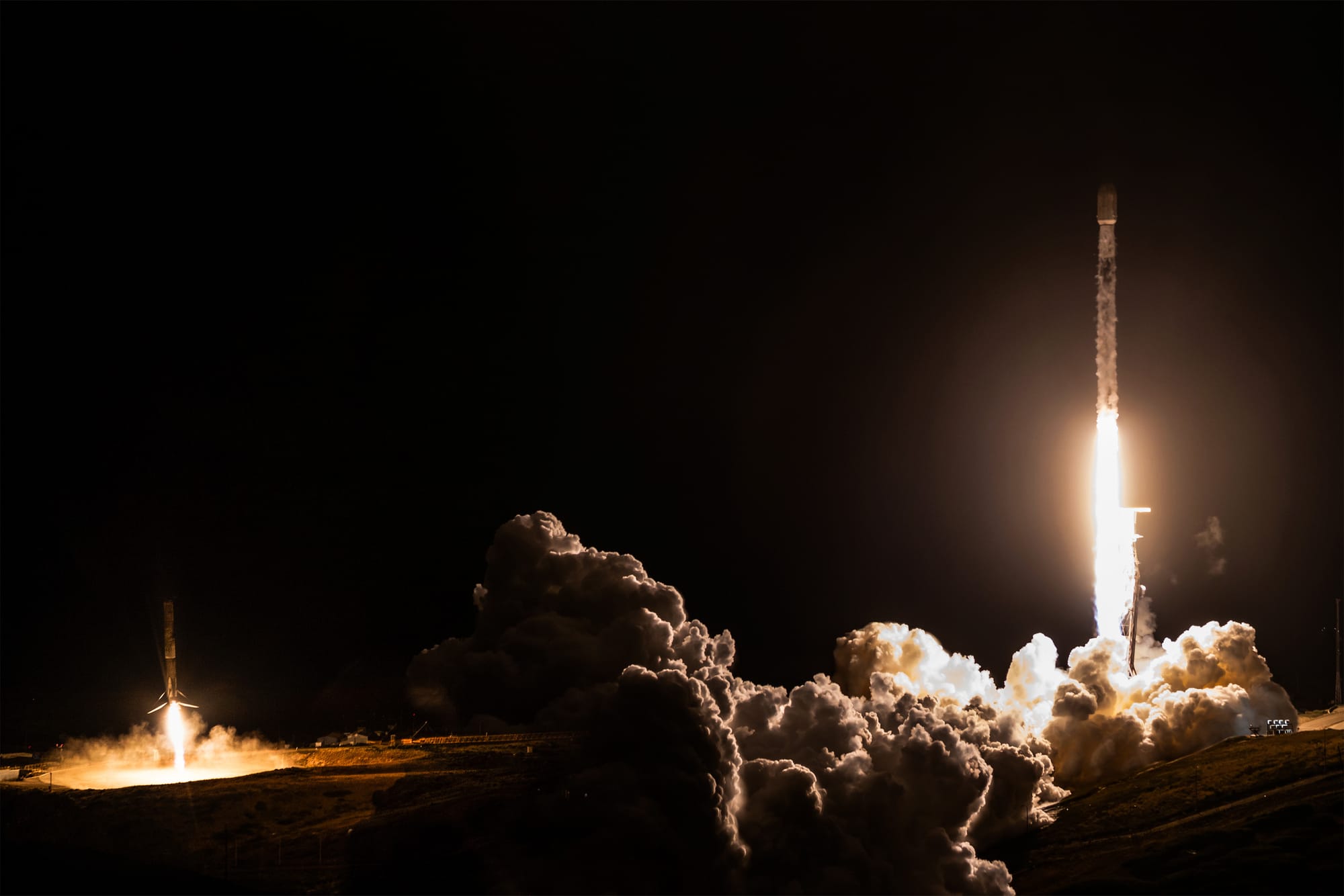 A composite photo of Falcon 9 lifting off from Space Launch Complex 4E and touching down at Landing Zone 4 on June 19th 2026. ©SpaceX