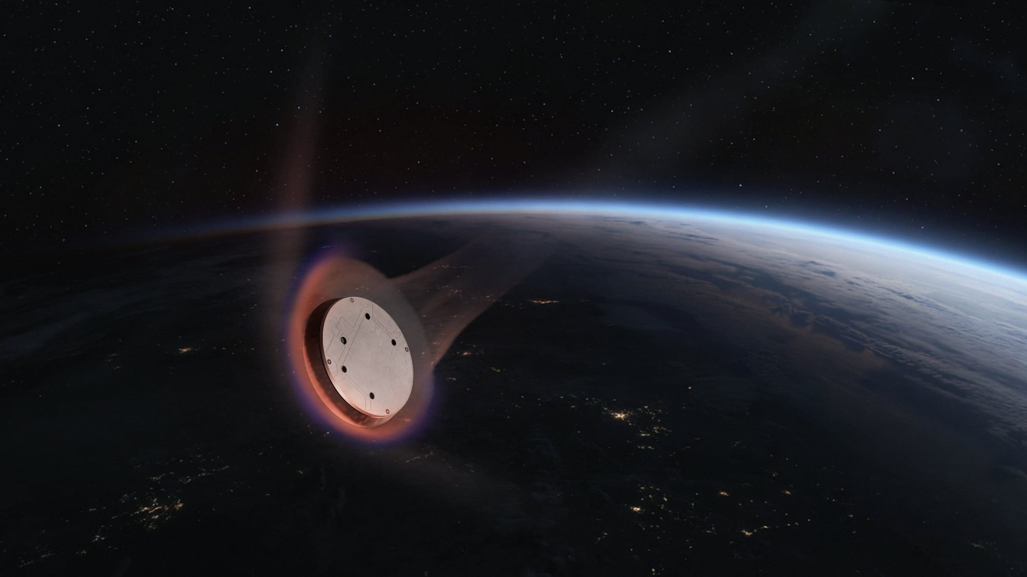 A render of a 'Starfall' capsule during atmospheric reentry after being separated from a rocket or spacecraft. ยฉSpaceX