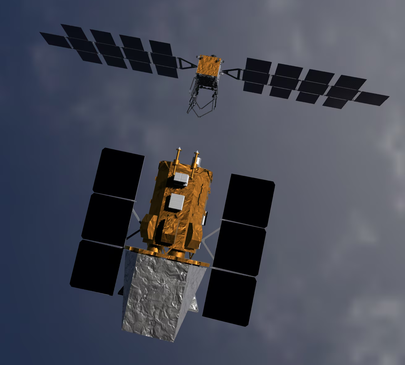 A render of the 'LINK' spacecraft approaching the Neil Gehrels Swift Observatory with its grabbing arms prepared. ยฉKatalyst Space