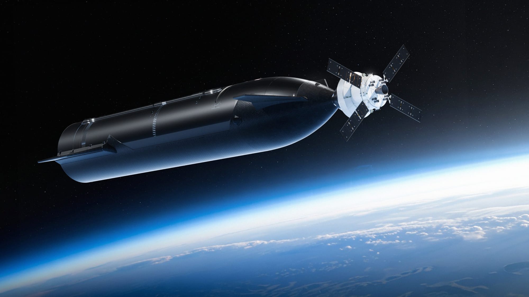 A render of a minorly modified Starship in low Earth orbit while docked to the Orion spacecraft for the Artemis III mission. ยฉSpaceX