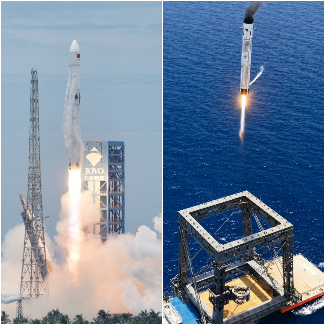The Long March 10B Y1 vehicle lifting off from the Wenchang Commercial Space Launch Site (left) and coming in for a catch aboard 'Linghangzhe' (right) on July 10th 2026. ©China Aerospace Science and Technology Corporation