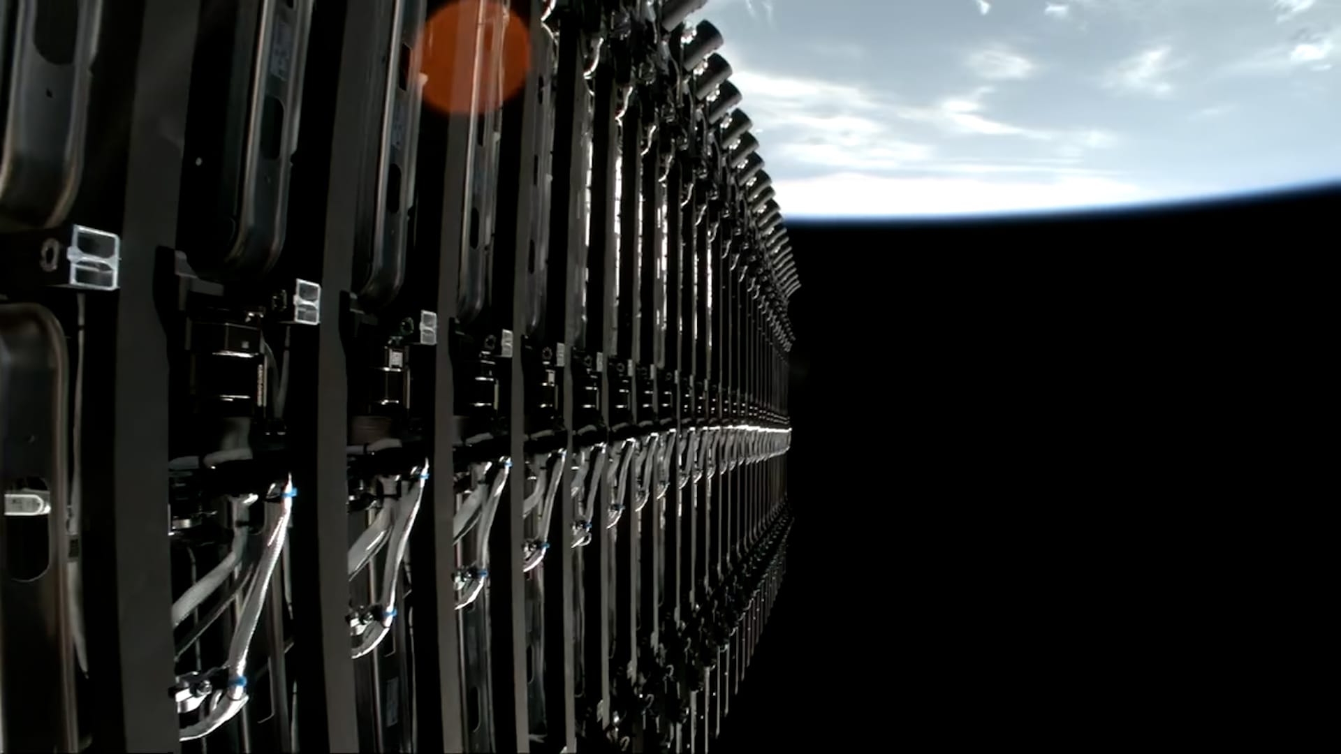 A view from Falcon 9's second-stage during the deployment of twenty-seven Starlink satellites on August 26th 2026. ยฉSpaceX