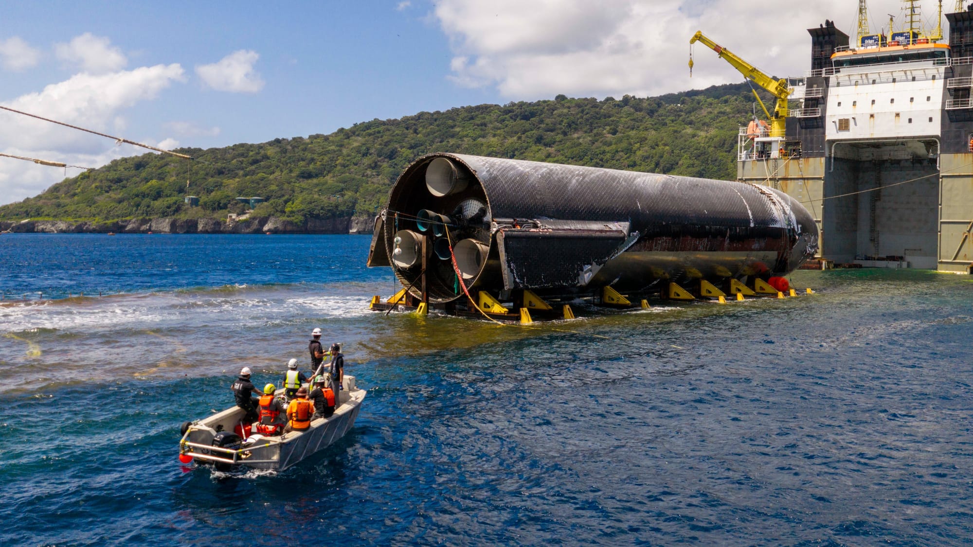 Ship 40 aboard its semi-submersible carrier off the coast of Christmas Island in August 2026. ยฉSpaceX