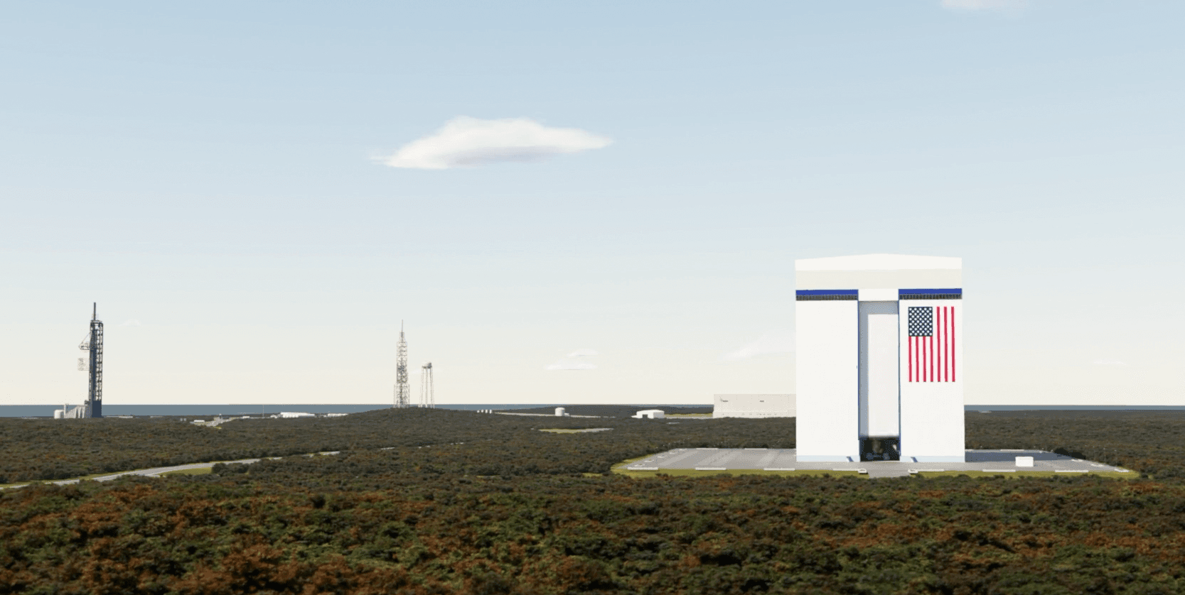 A render of New Glenn 9x4's voluminous Vertical Integration Facility a distance away from Launch Complex 36B. ยฉBlue Origin