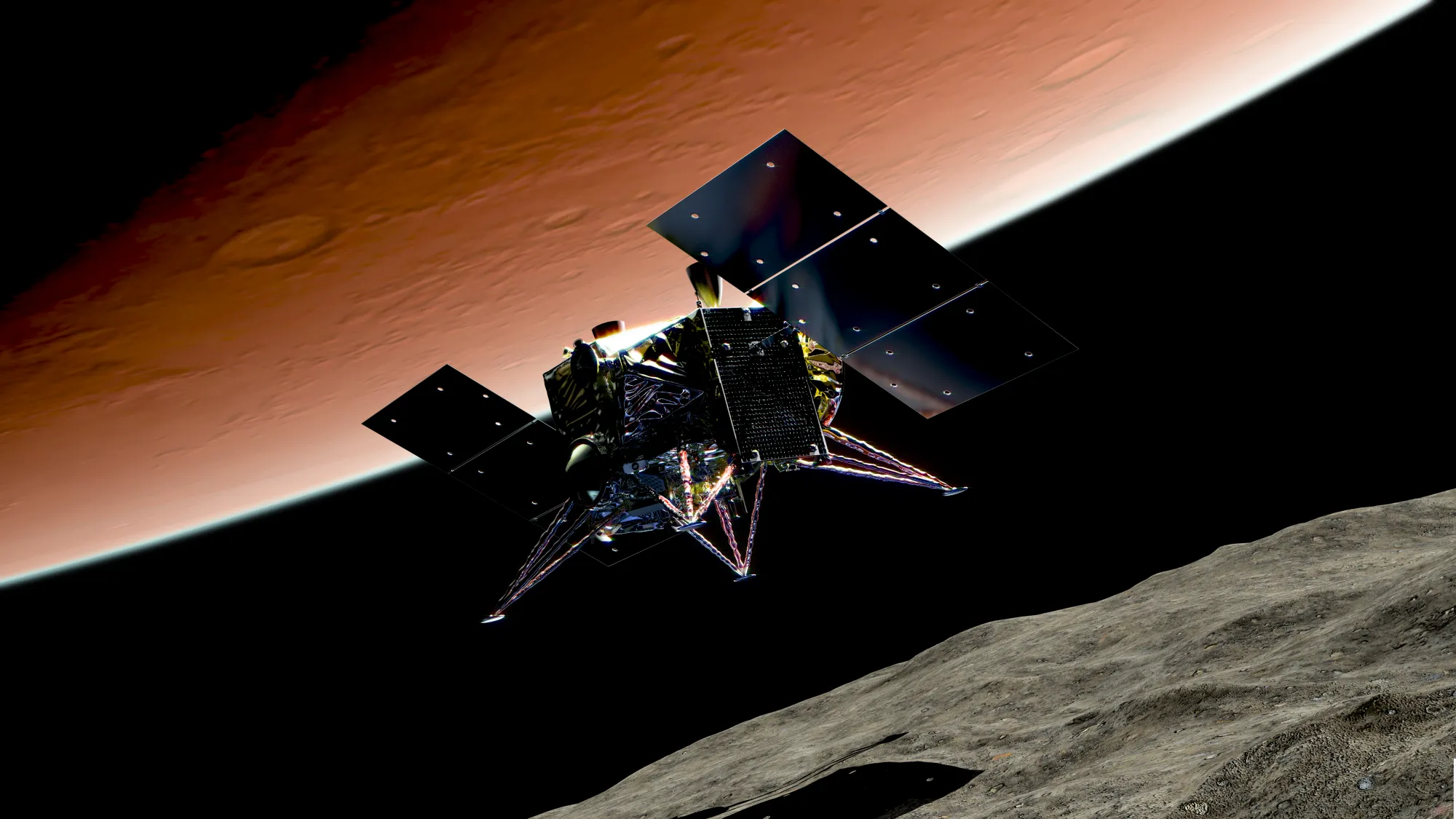 Artist’s impression of Japan’s MMX spacecraft flying above Phobos, with Mars visible in the background.