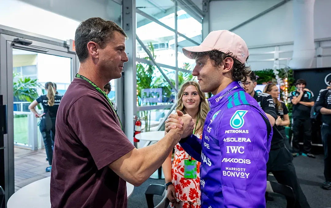 Reid Wiseman with Kimi Antonelli (right) after Saturday's qualifying session during the 2026 Miami Grand Prix weekend. ©Mercedes-AMG PETRONAS F1 Team