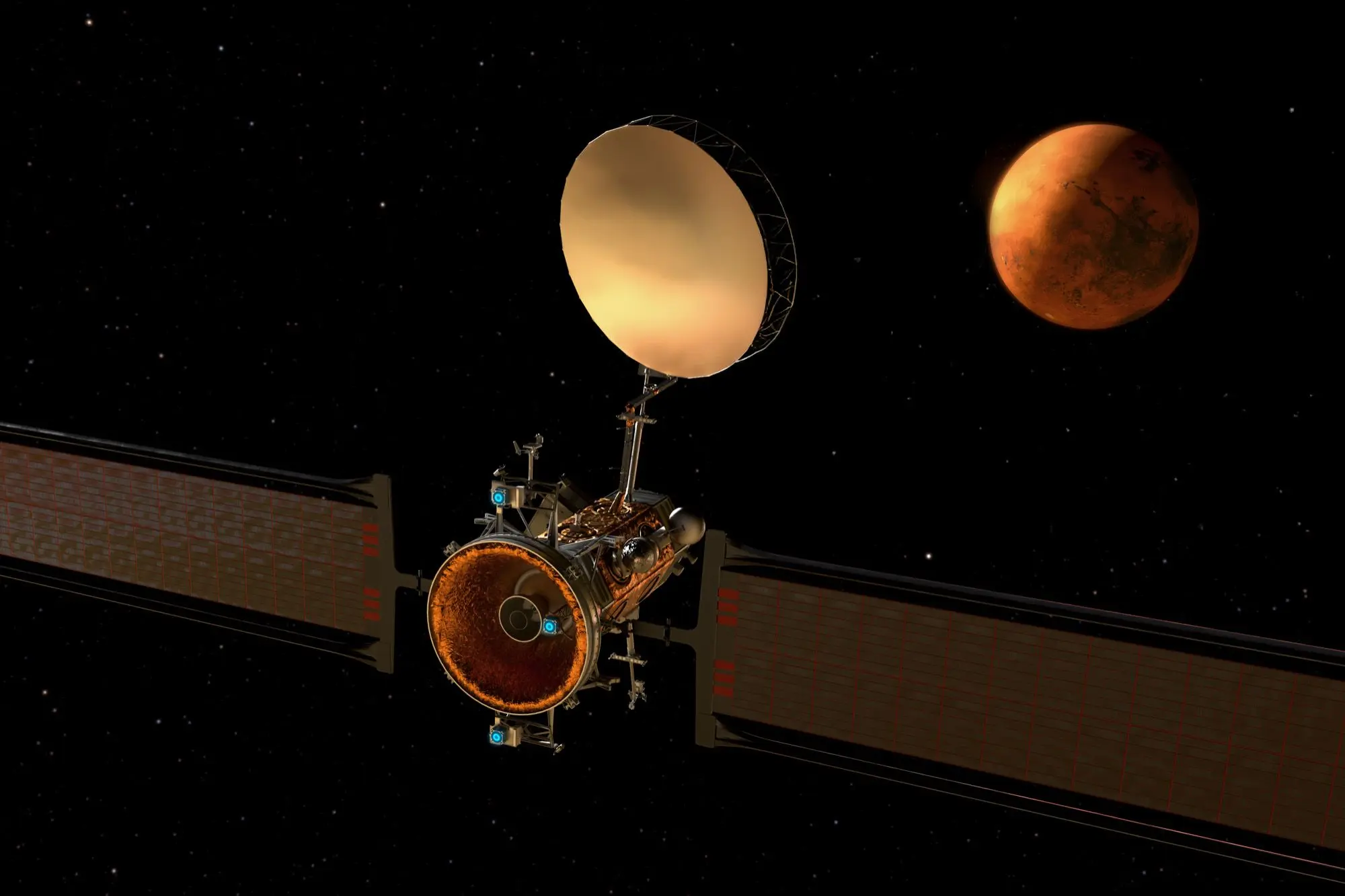Render of Blue Origins Mars Telecommunication Orbiter heading to Mars