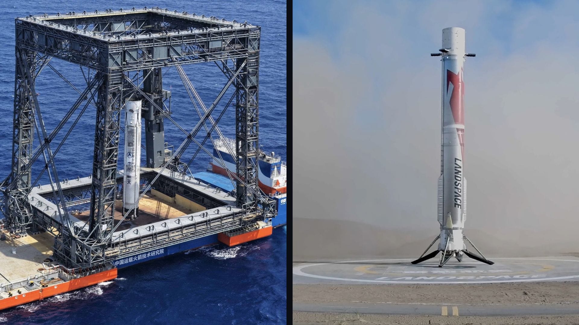 Photos of a Long March 10b (left) and Zhuque-3 (right) shortly after successfully landing