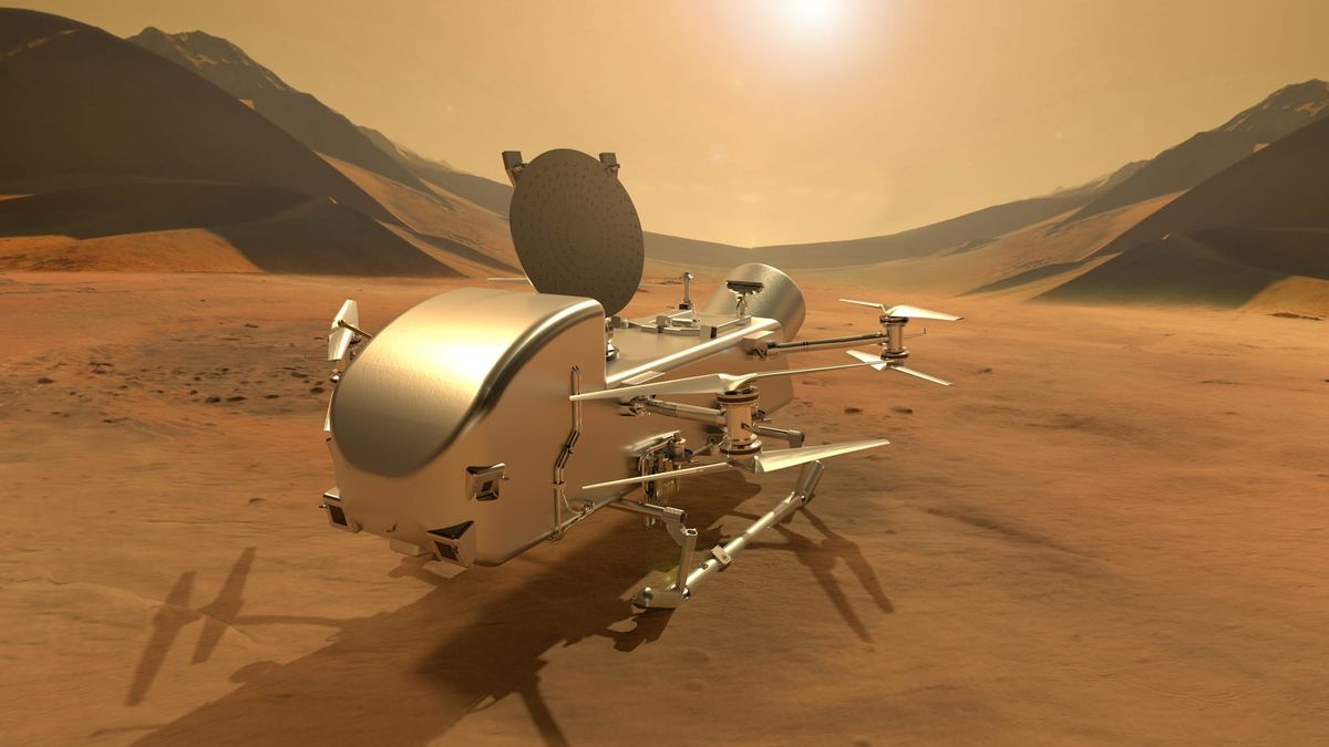 Dragonfly on the surface of Titan. ©NASA/Johns Hopkins APL/Steve Gribben