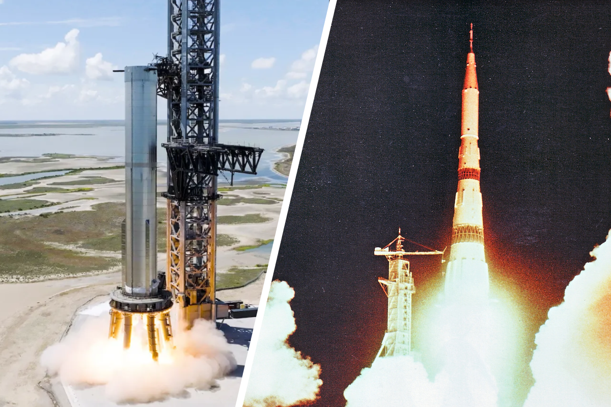 SpaceX's Super Heavy booser (left) and the N1 rocket (right).