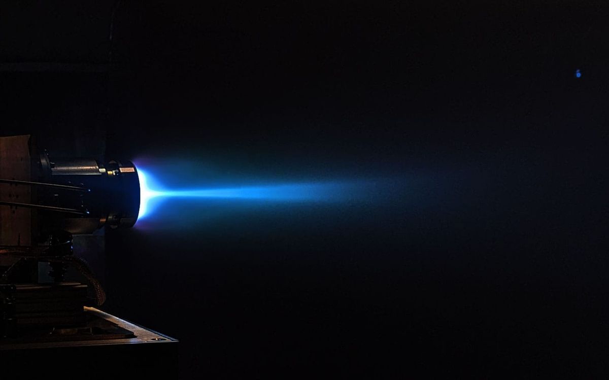 Astra's Spacecraft Engine firing in a vacuum chamber for development, testing and qualification.
