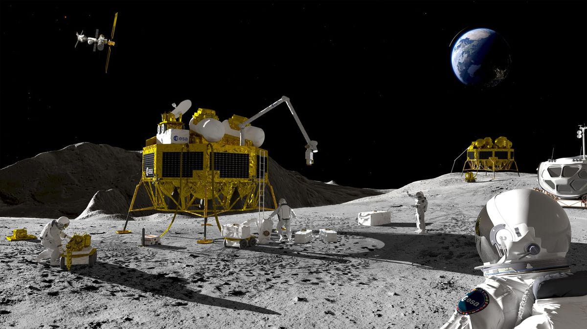 A render of the European Argonaut lunar lander working with astronauts. ©European Space Agency
