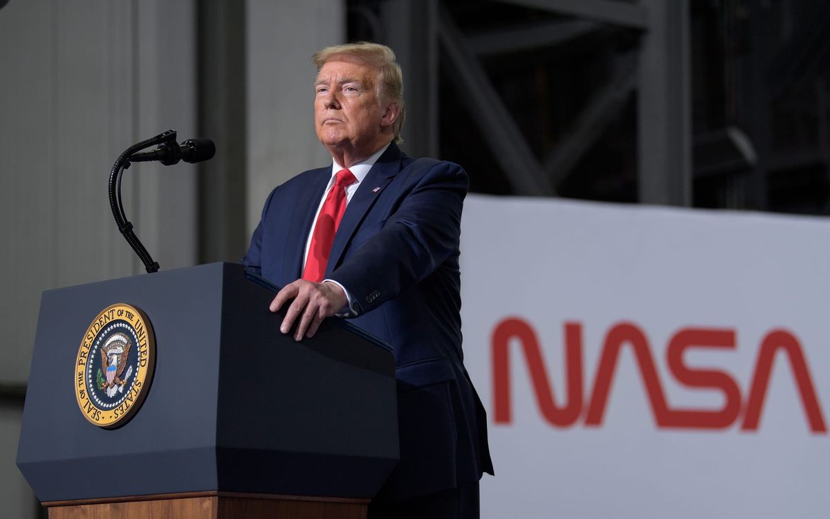 Trump speaks on stage following the launch of Demo-2 in 2020. ©NASA
