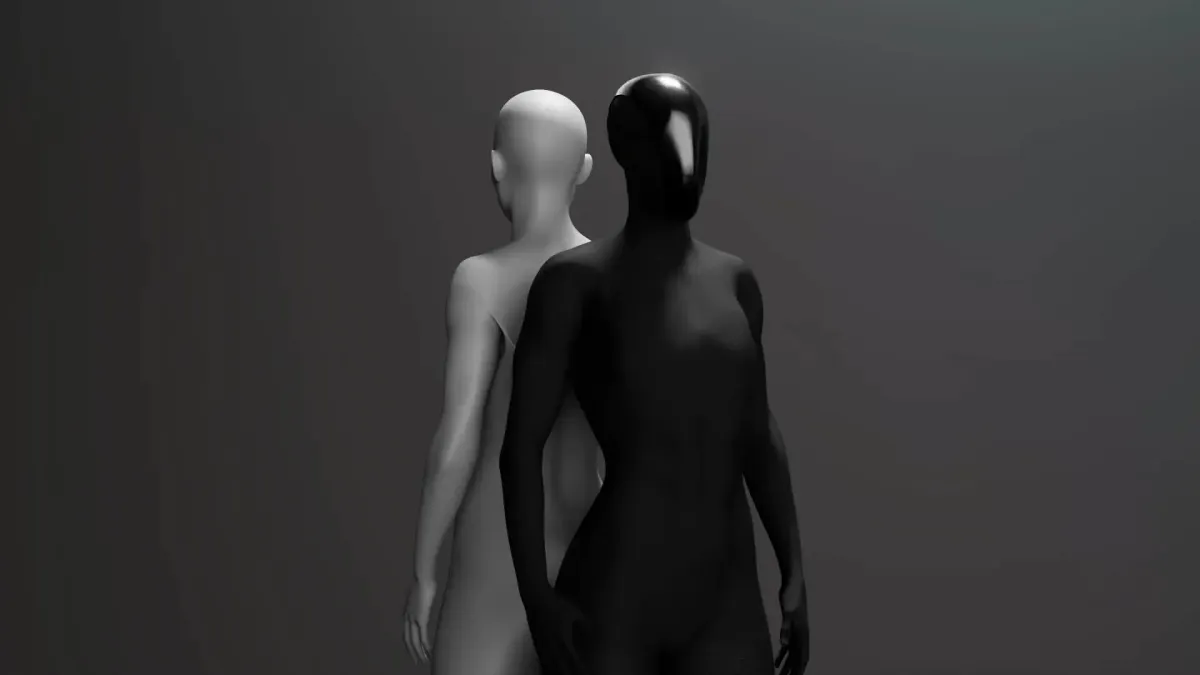 Render of a clone humanoid robot standing in front of a human