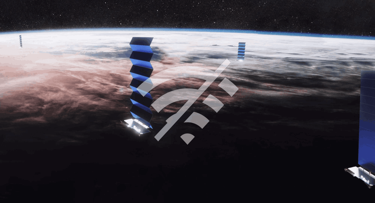 Starlink satellites deploying their solar panels, with a no internet symbol. ©SpaceX, edited by Proxima Report