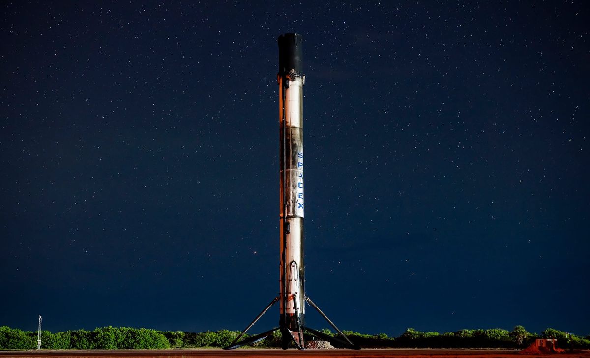 Booster B1092 stood at Landing Zone 2 after supporting USSF-36. ©SpaceX