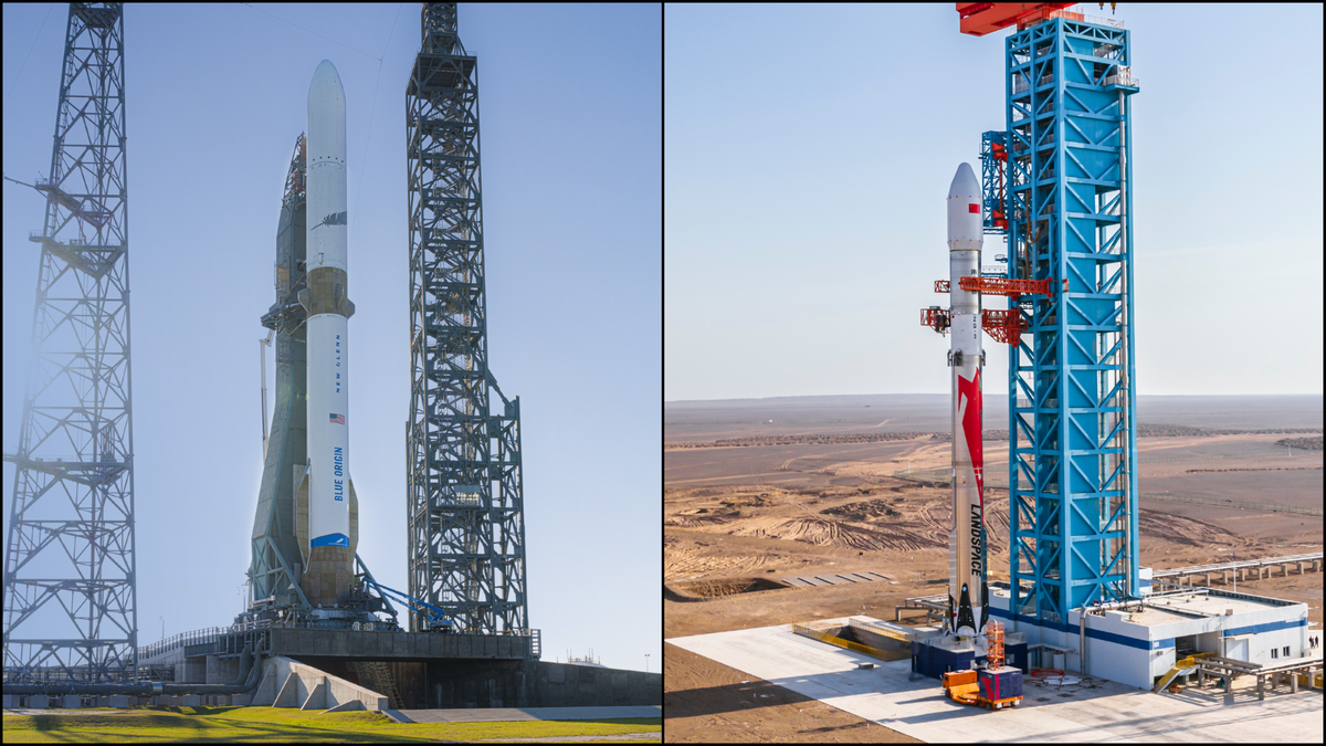 New Glenn (left) and Zhuque-3 (right) stood on their launch pads. ©Blue Origin/LandSpace