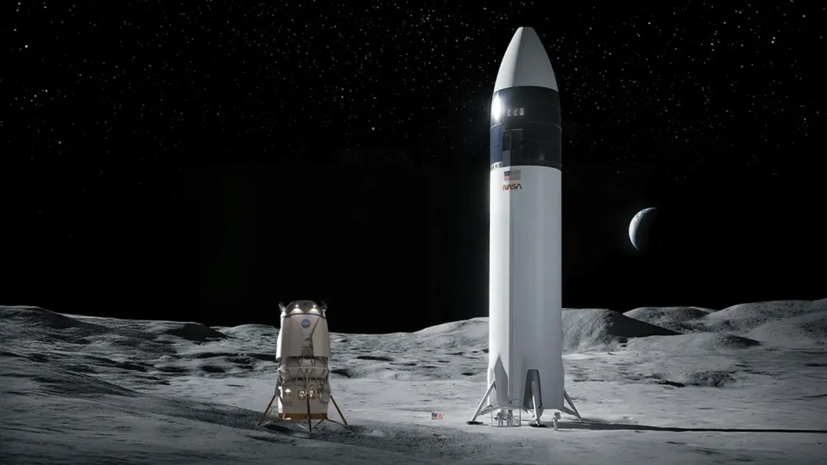 A render of Blue Origin’s Blue Moon lander and SpaceX’s Starship lander on the lunar surface. ©NASA/SpaceX/Blue Origin