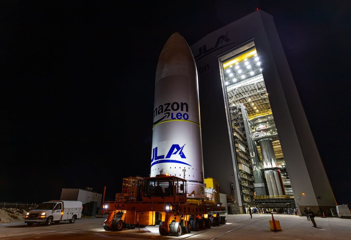 Vulcan's payload fairing loaded with Leo satellites arriving at a vertical integration facility. ©Amazon/United Launch Alliance