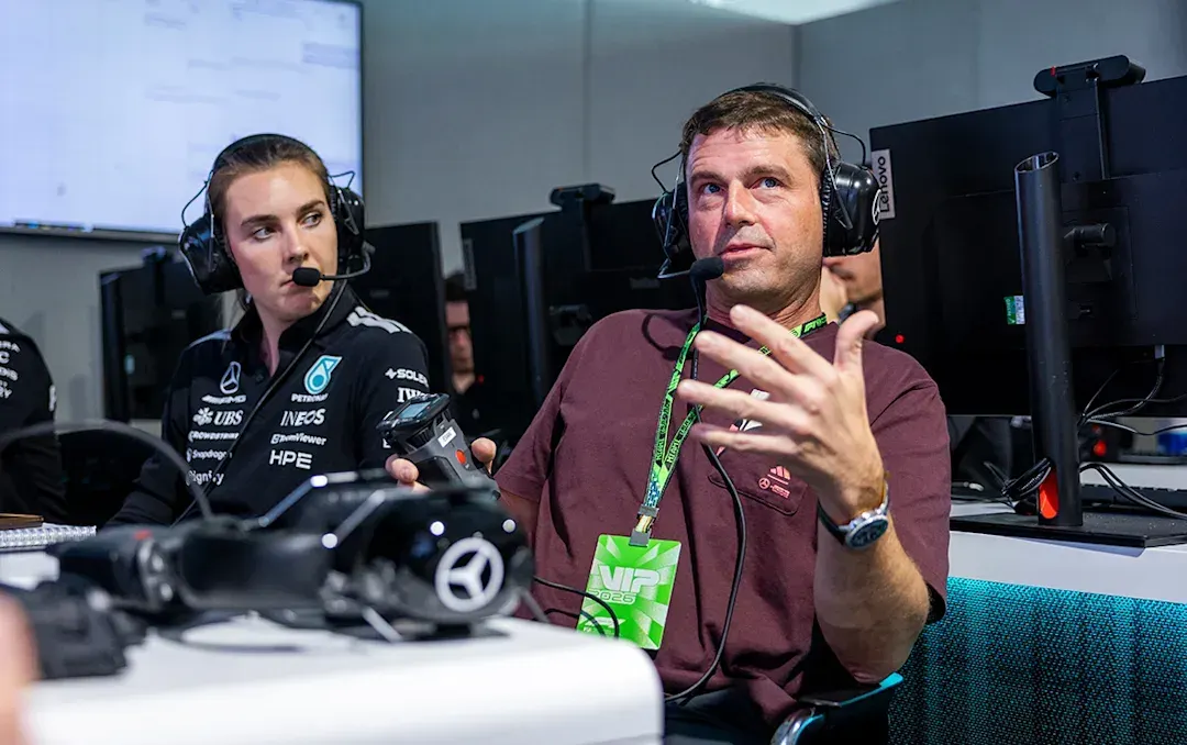 Reid Wiseman during a meeting of Mercedes' F1 personnel during the 2026 Miami Grand Prix weekend. ©Mercedes-AMG PETRONAS F1 Team