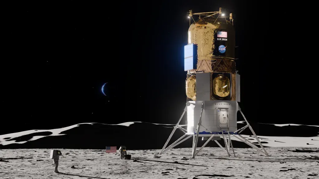 A render of 'Blue Moon Mk2 Alpha' at the Moon's south pole. ©Blue Origin