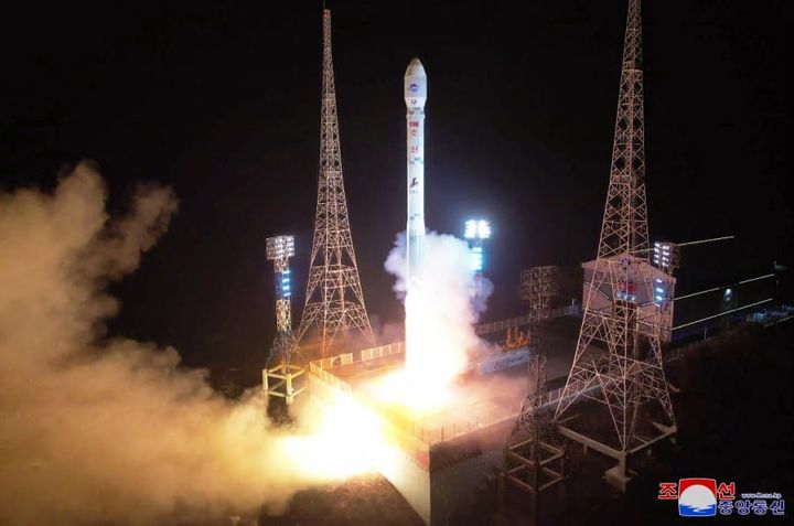 Chŏllima-1 lifting off from its launch pad at the Sohae Satellite Launching Station.  