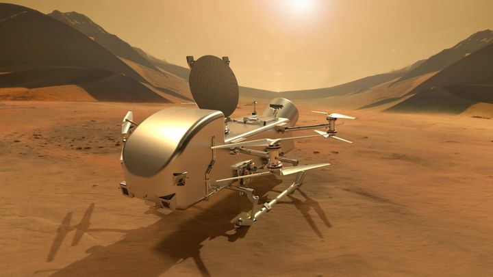 Dragonfly on the surface of Titan. ©NASA/Johns Hopkins APL/Steve Gribben