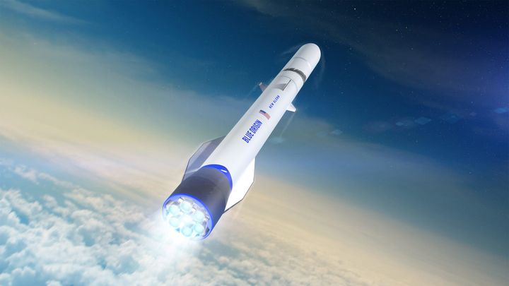 A render of New Glenn during first-stage flight. ©Blue Origin