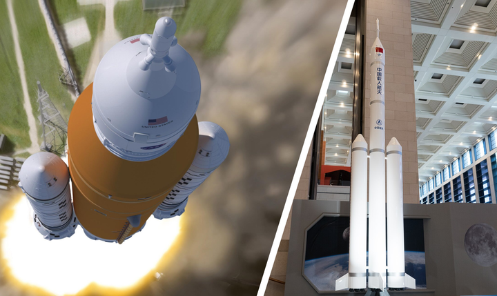 NASA's Space Launch System (left) and China's Long March 10 (right).