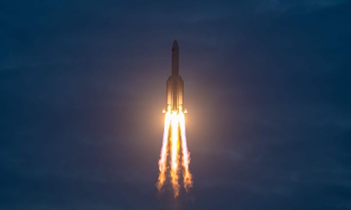 The Long March 5B Y6 vehicle during first-stage flight carrying ten GuoWang satellites.