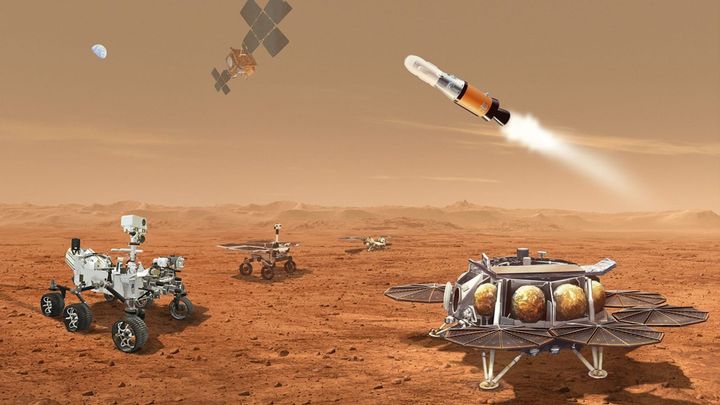 A 2022 artists concept of the Mars Sample Return vehicles. ©NASA/ESA/JPL-Caltech